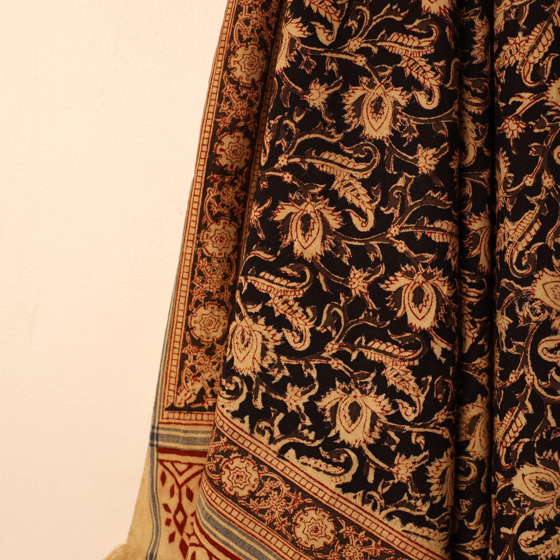 Black - Handloom Cotton Block Printed Pedana Kalamkari Towel 01