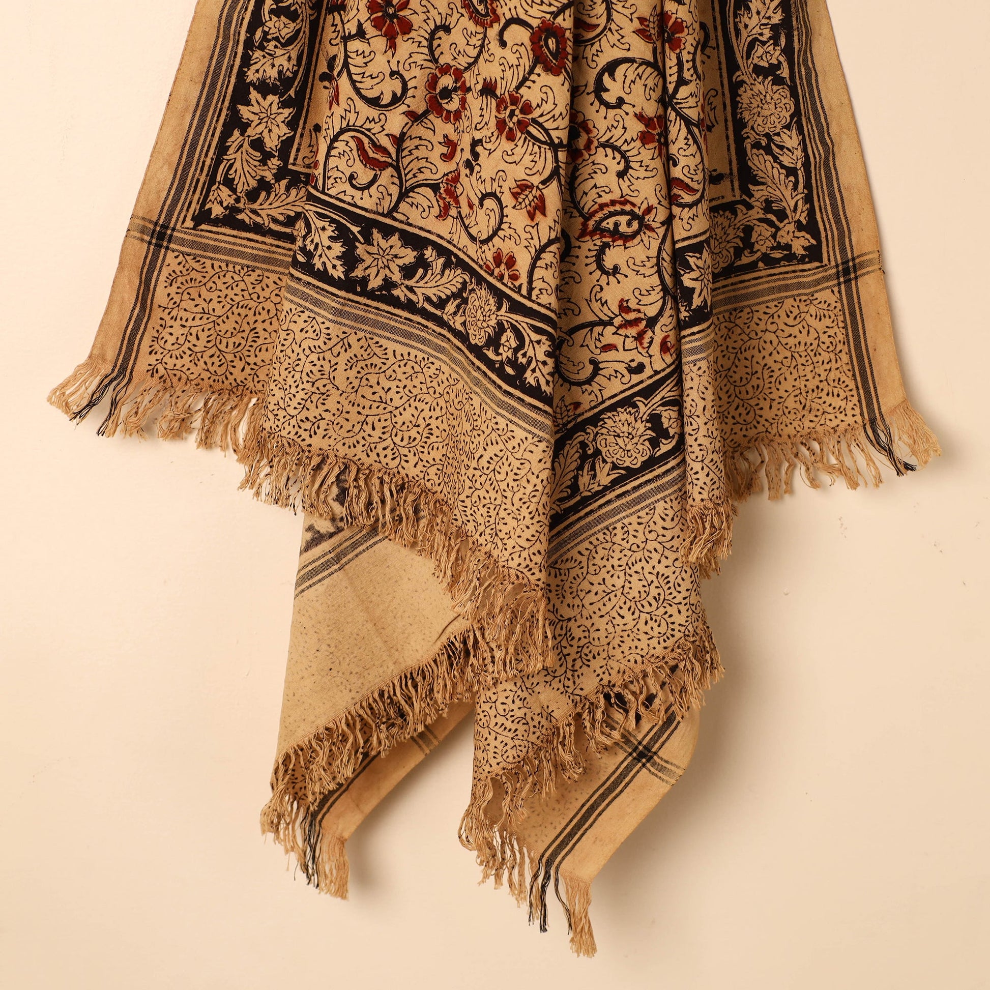 Beige - Handloom Cotton Block Printed Pedana Kalamkari Towel 02
