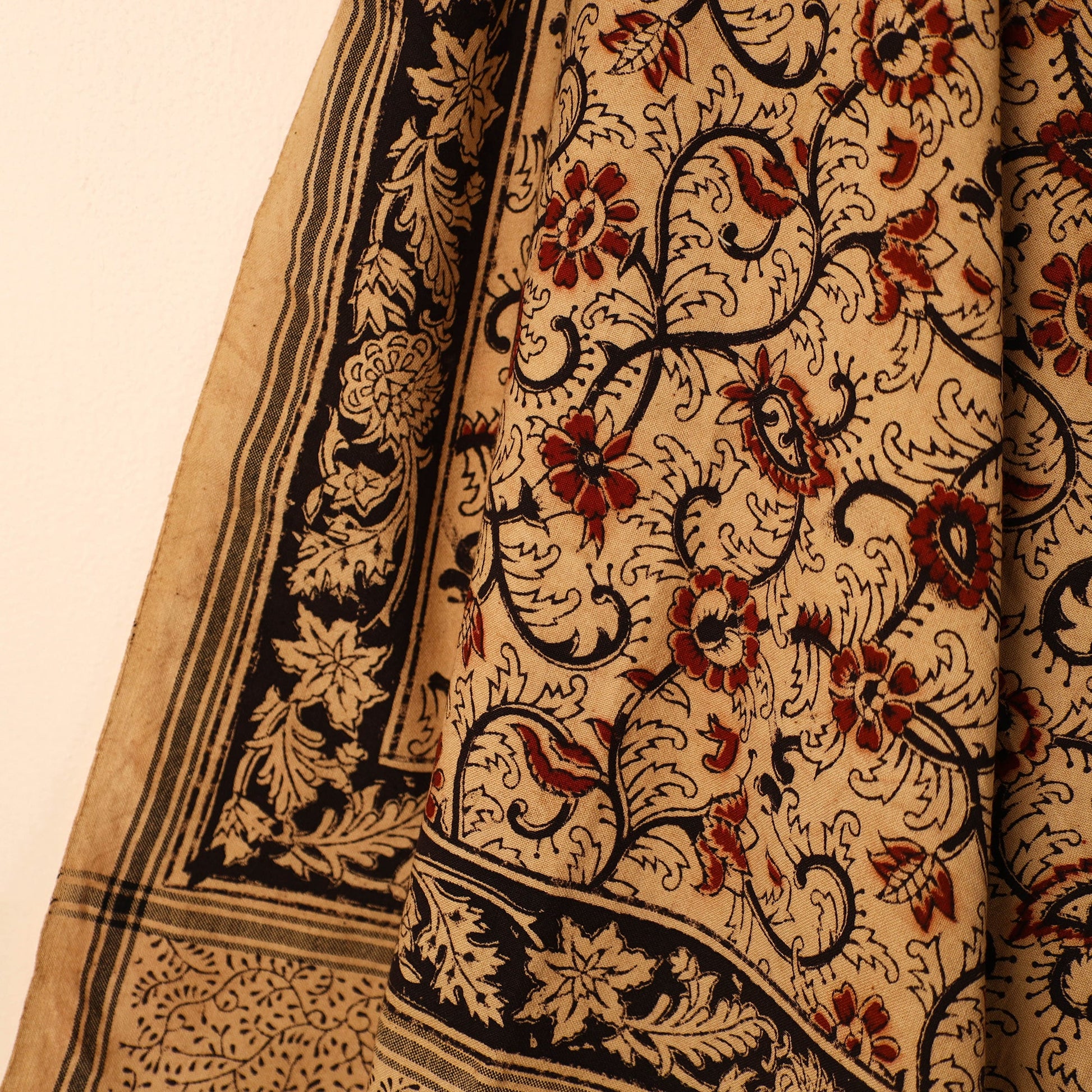 Beige - Handloom Cotton Block Printed Pedana Kalamkari Towel 02