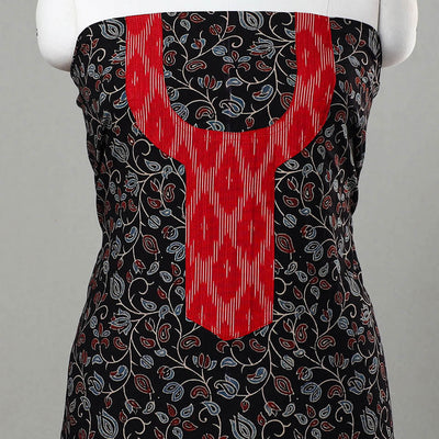 Black - Ajrakh Print Cotton Kurta Material with Patchwork (3m) 02
