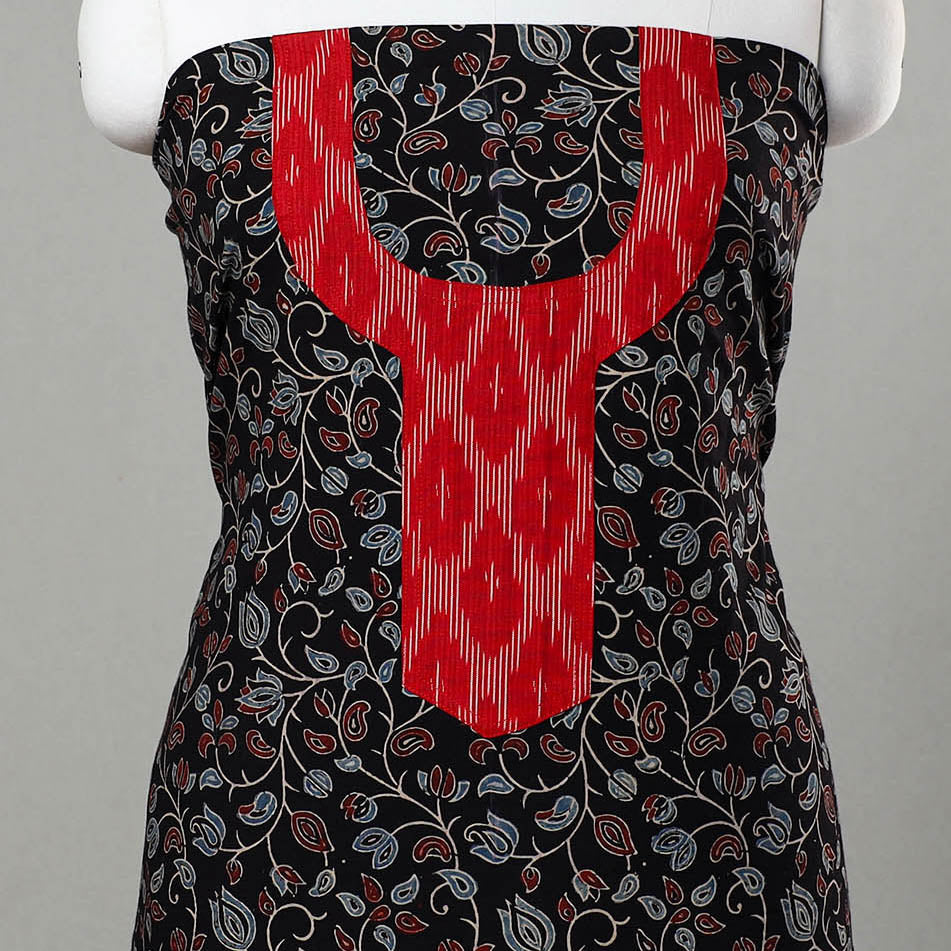 Black - Ajrakh Print Cotton Kurta Material with Patchwork (3m) 02