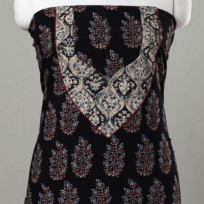 Black - Ajrakh Print Cotton Kurta Material with Patchwork (3m) 06