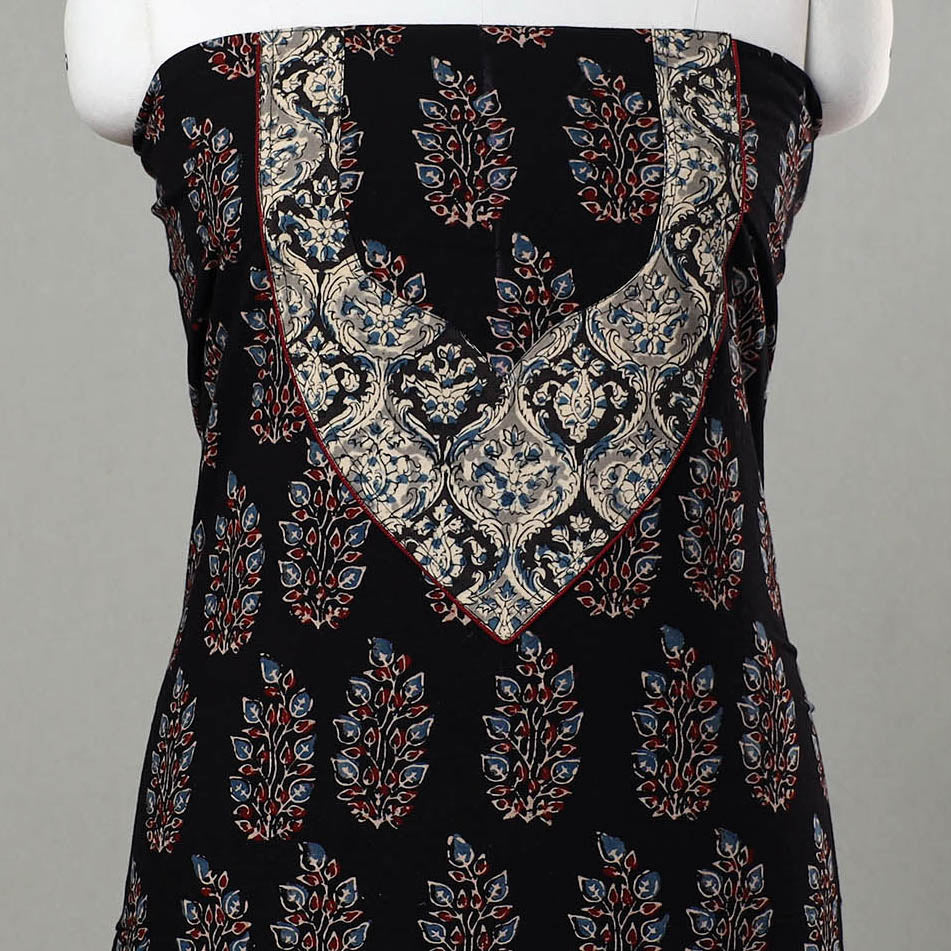 Black - Ajrakh Print Cotton Kurta Material with Patchwork (3m) 06