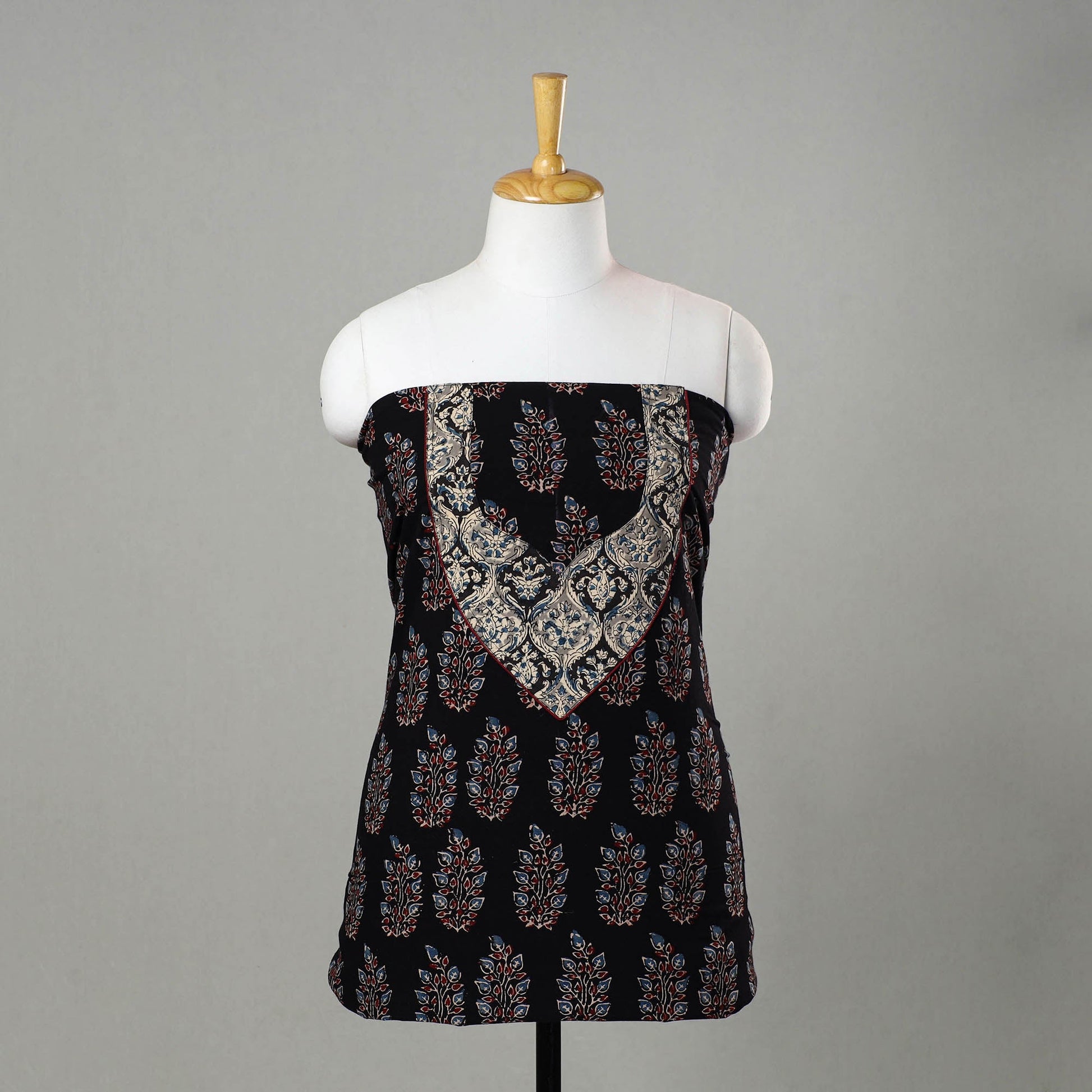 Black - Ajrakh Print Cotton Kurta Material with Patchwork (3m) 06