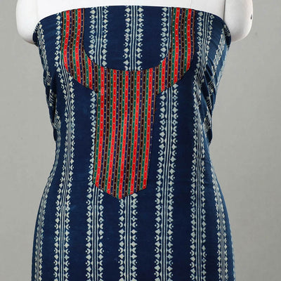 Blue - Ajrakh Print Cotton Kurta Material with Patchwork (3m) 10