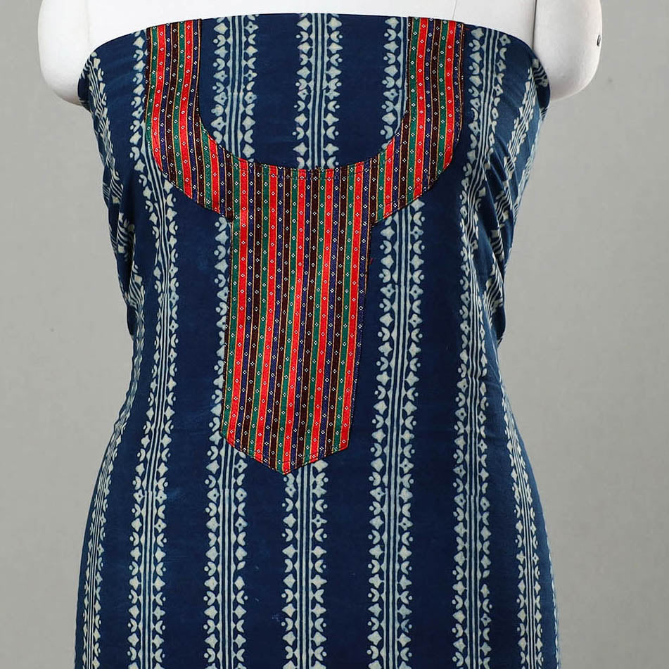 Blue - Ajrakh Print Cotton Kurta Material with Patchwork (3m) 10