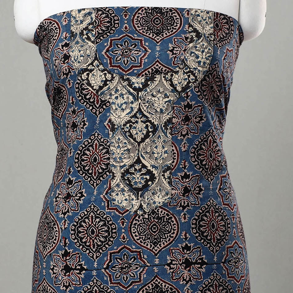 Blue - Ajrakh Print Cotton Kurta Material with Patchwork (3m) 11