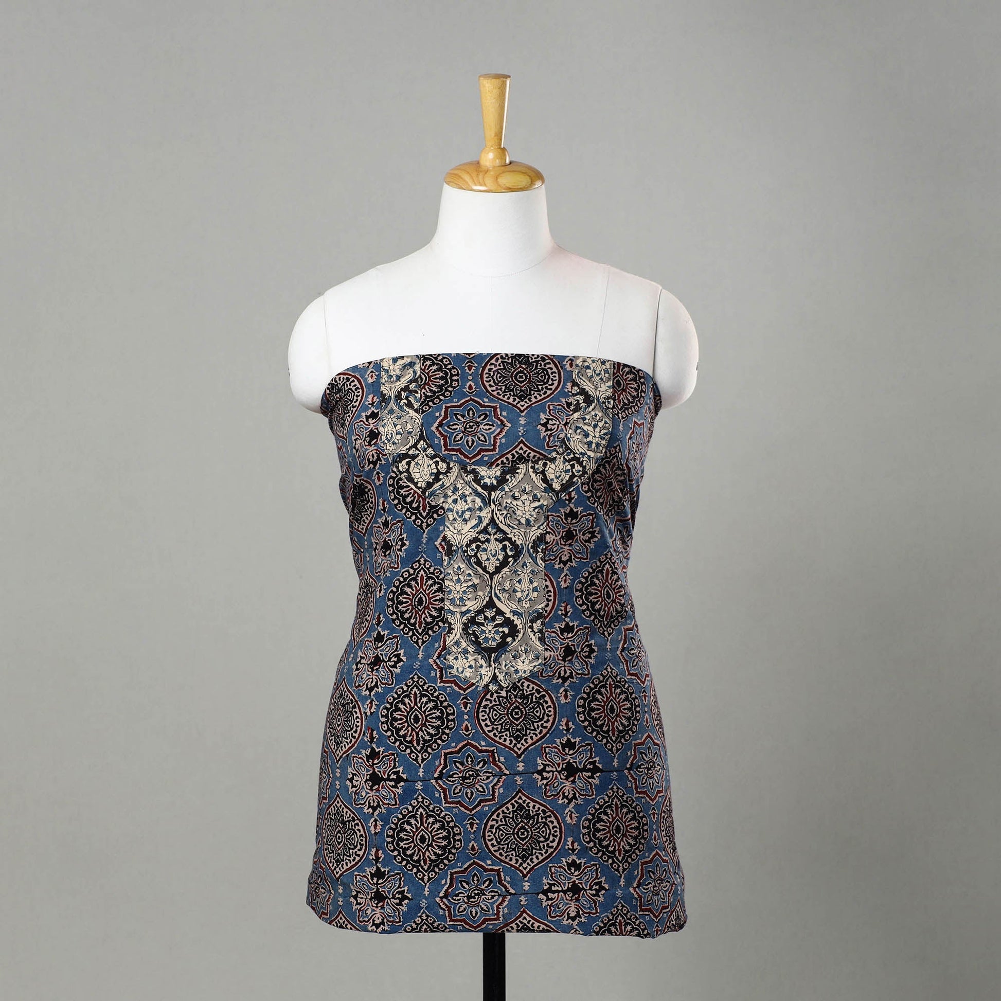 Blue - Ajrakh Print Cotton Kurta Material with Patchwork (3m) 11