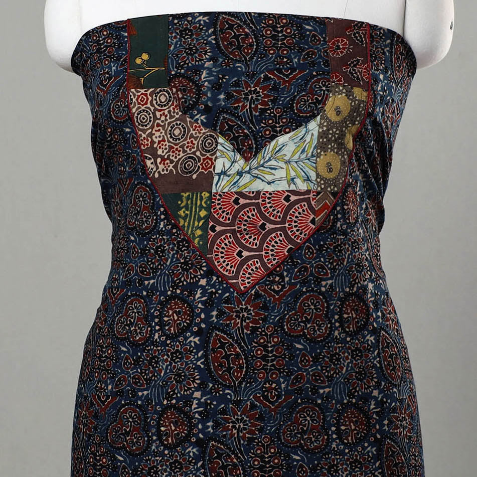Blue - Ajrakh Print Cotton Kurta Material with Patchwork (3m) 12