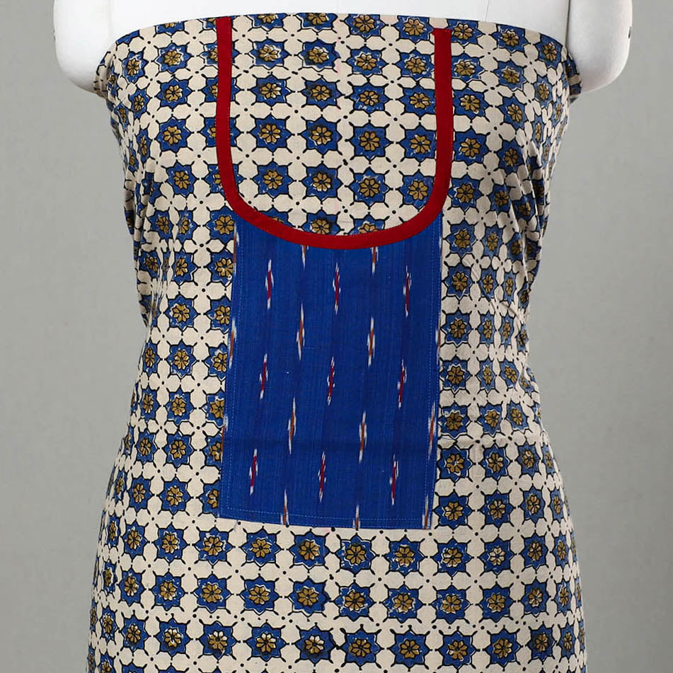 Blue - Ajrakh Print Cotton Kurta Material with Patchwork (3m) 13