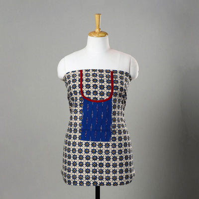 Blue - Ajrakh Print Cotton Kurta Material with Patchwork (3m) 13