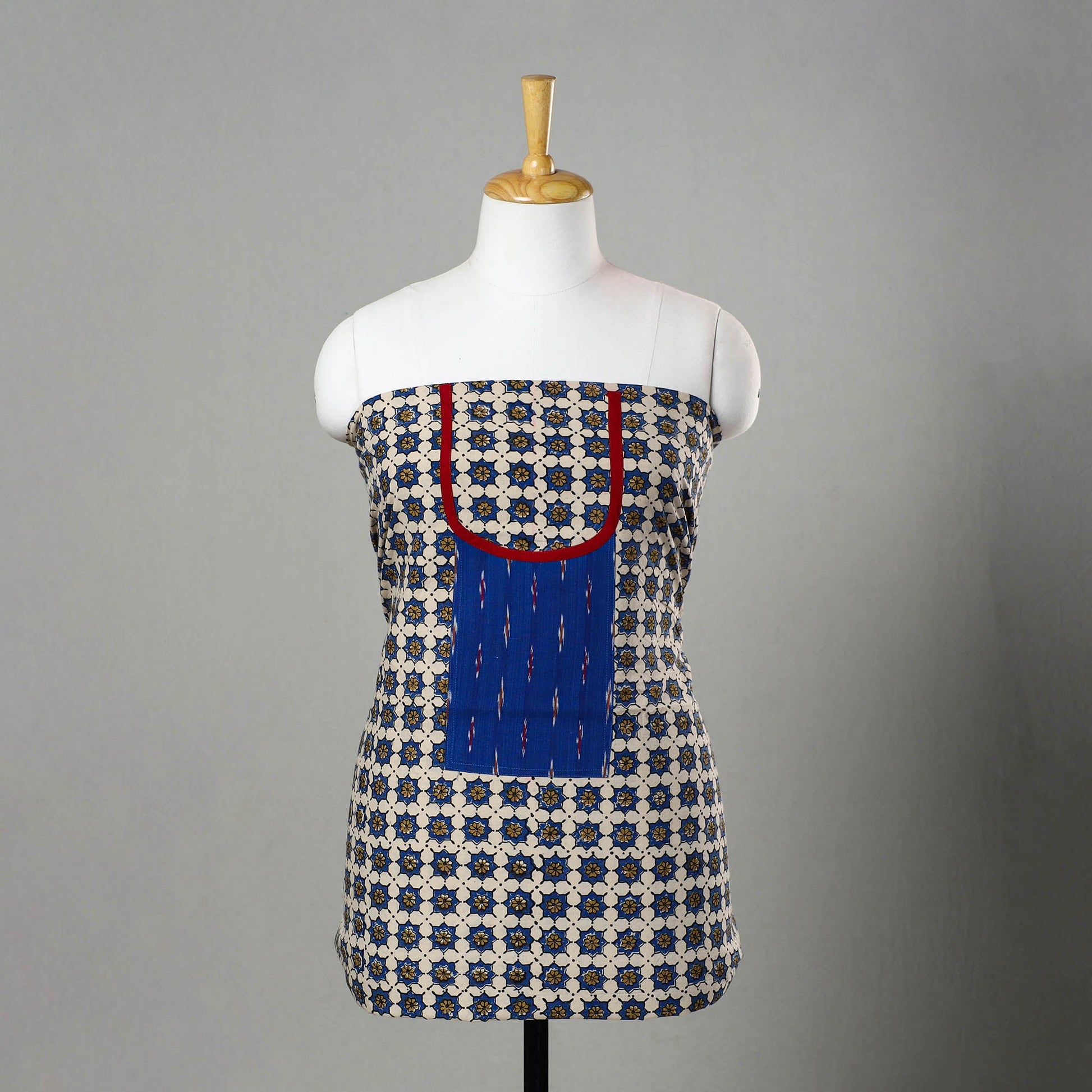 Blue - Ajrakh Print Cotton Kurta Material with Patchwork (3m) 13