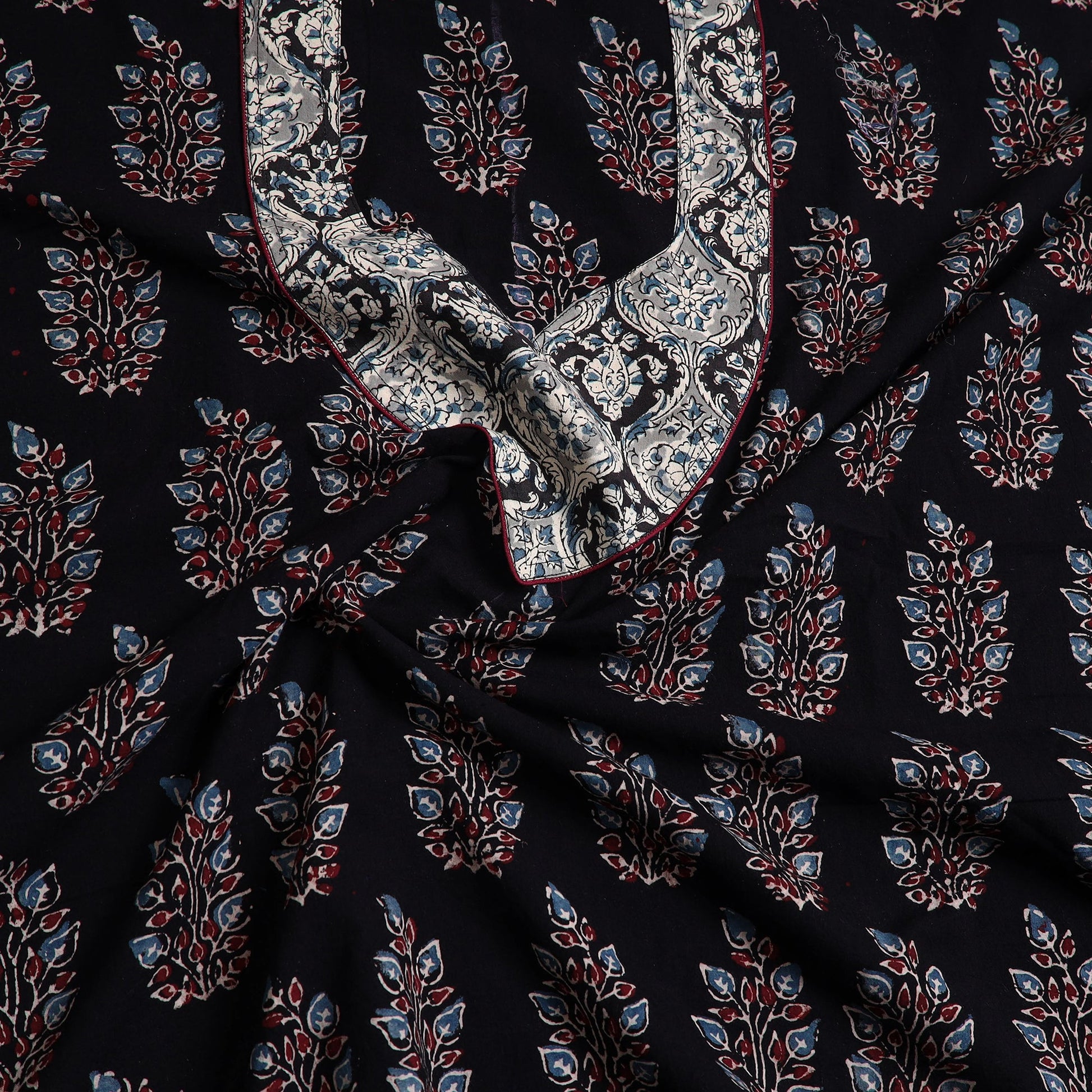 Black - Ajrakh Print Cotton Kurta Material with Patchwork (3m) 06