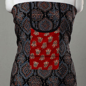 Black - Ajrakh Print Cotton Kurta Material with Patchwork (3m) 15