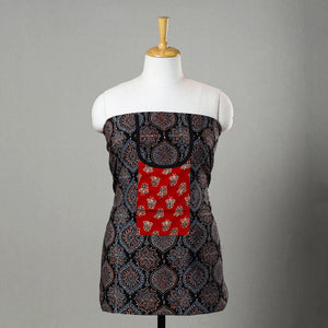 Black - Ajrakh Print Cotton Kurta Material with Patchwork (3m) 15