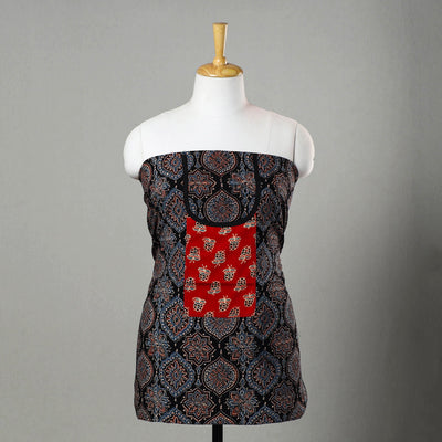 Black - Ajrakh Print Cotton Kurta Material with Patchwork (3m) 15