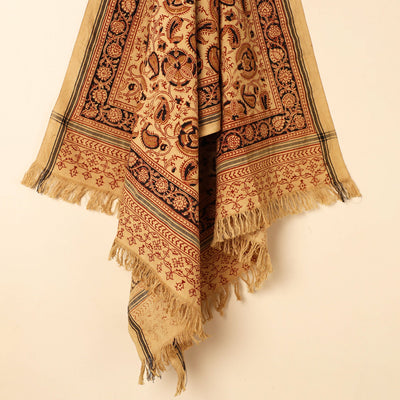 Beige - Handloom Cotton Block Printed Pedana Kalamkari Towel 13