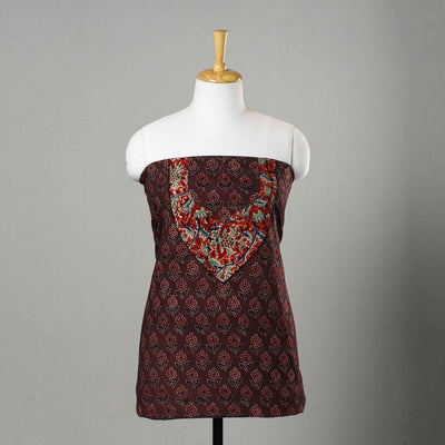 Brown - Ajrakh Print Cotton Kurta Material with Patchwork (3m) 17