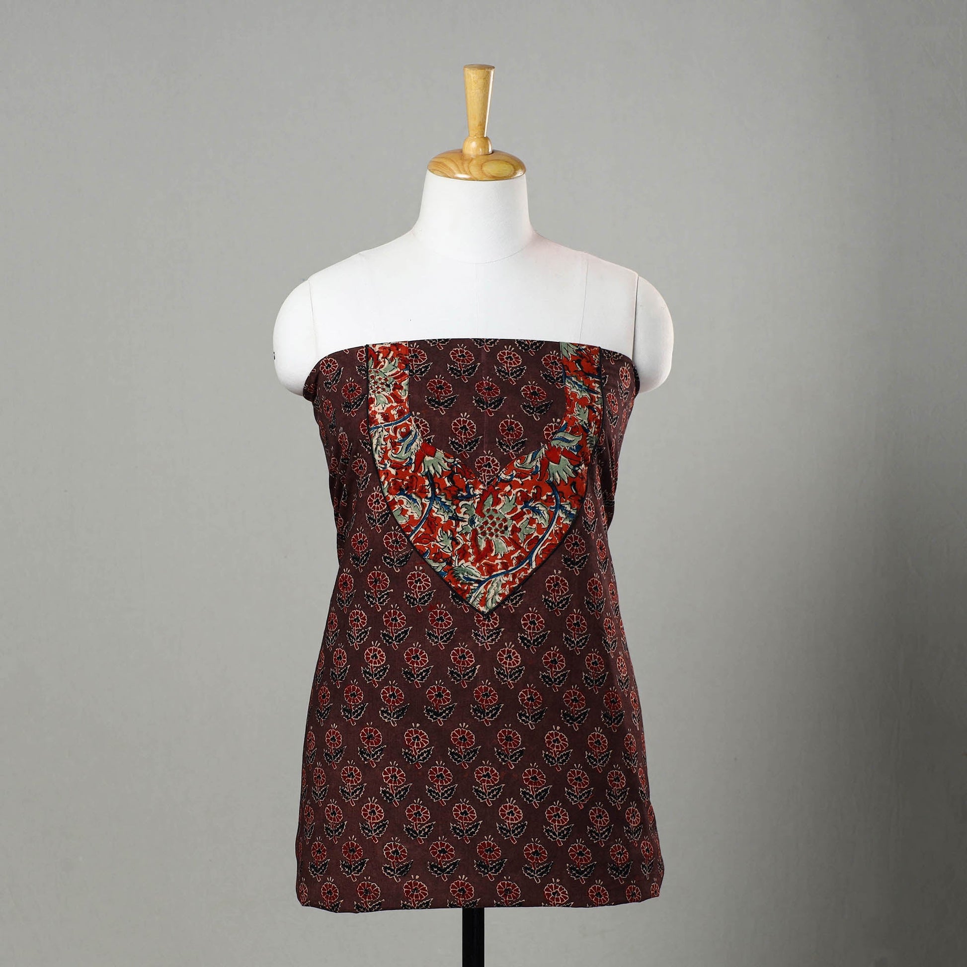 Brown - Ajrakh Print Cotton Kurta Material with Patchwork (3m) 17