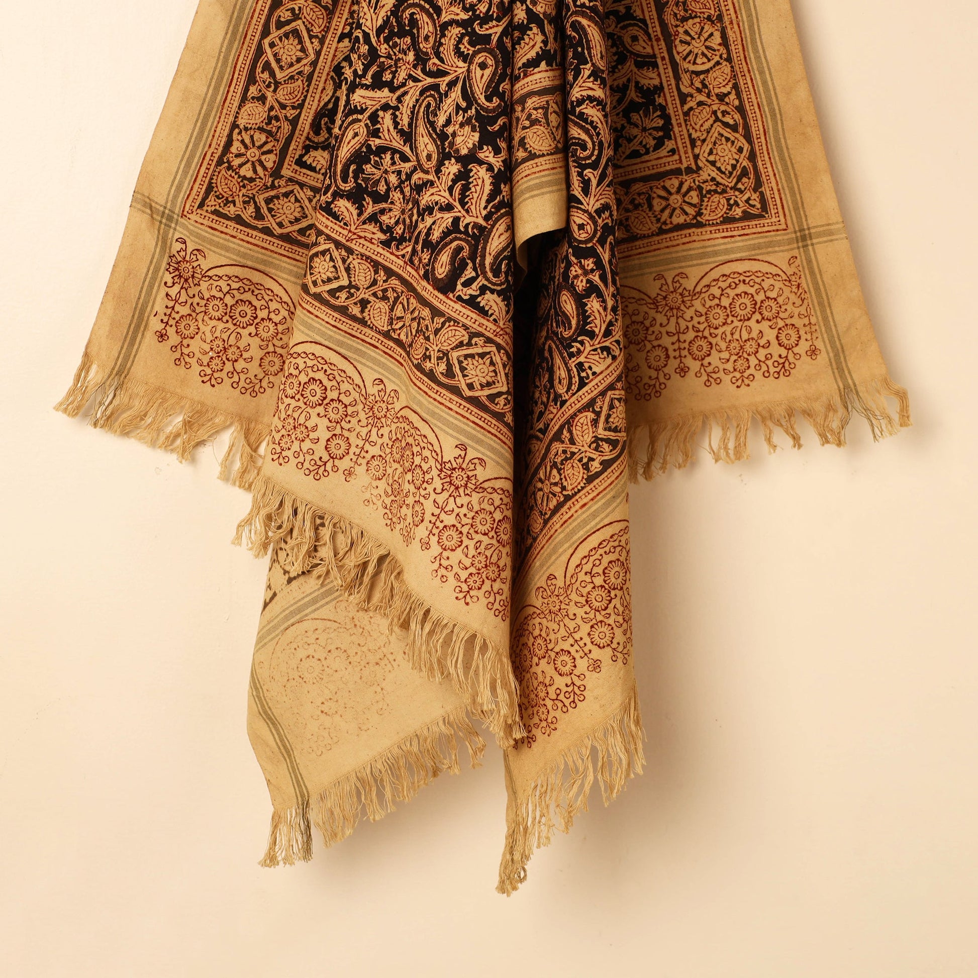 Beige - Handloom Cotton Block Printed Pedana Kalamkari Towel 15