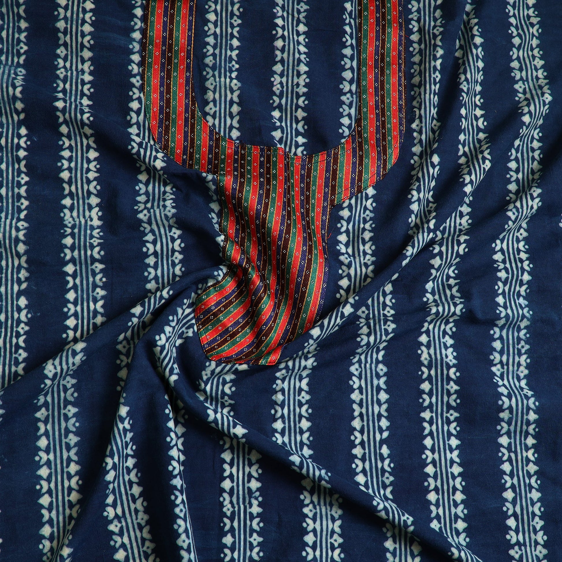 Blue - Ajrakh Print Cotton Kurta Material with Patchwork (3m) 10