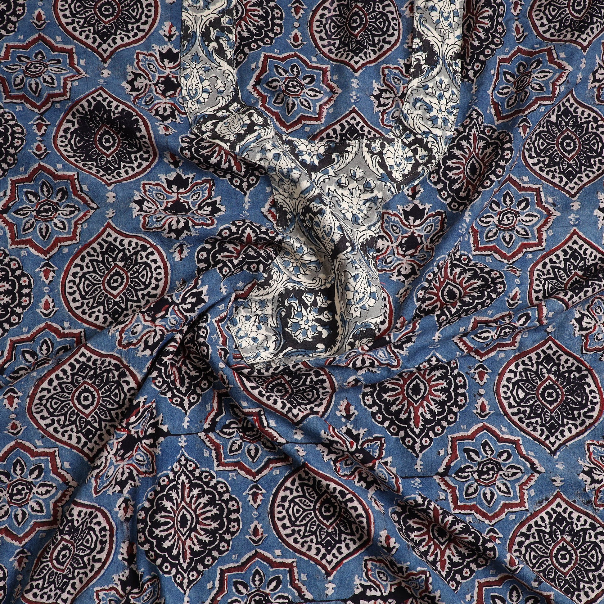 Blue - Ajrakh Print Cotton Kurta Material with Patchwork (3m) 11