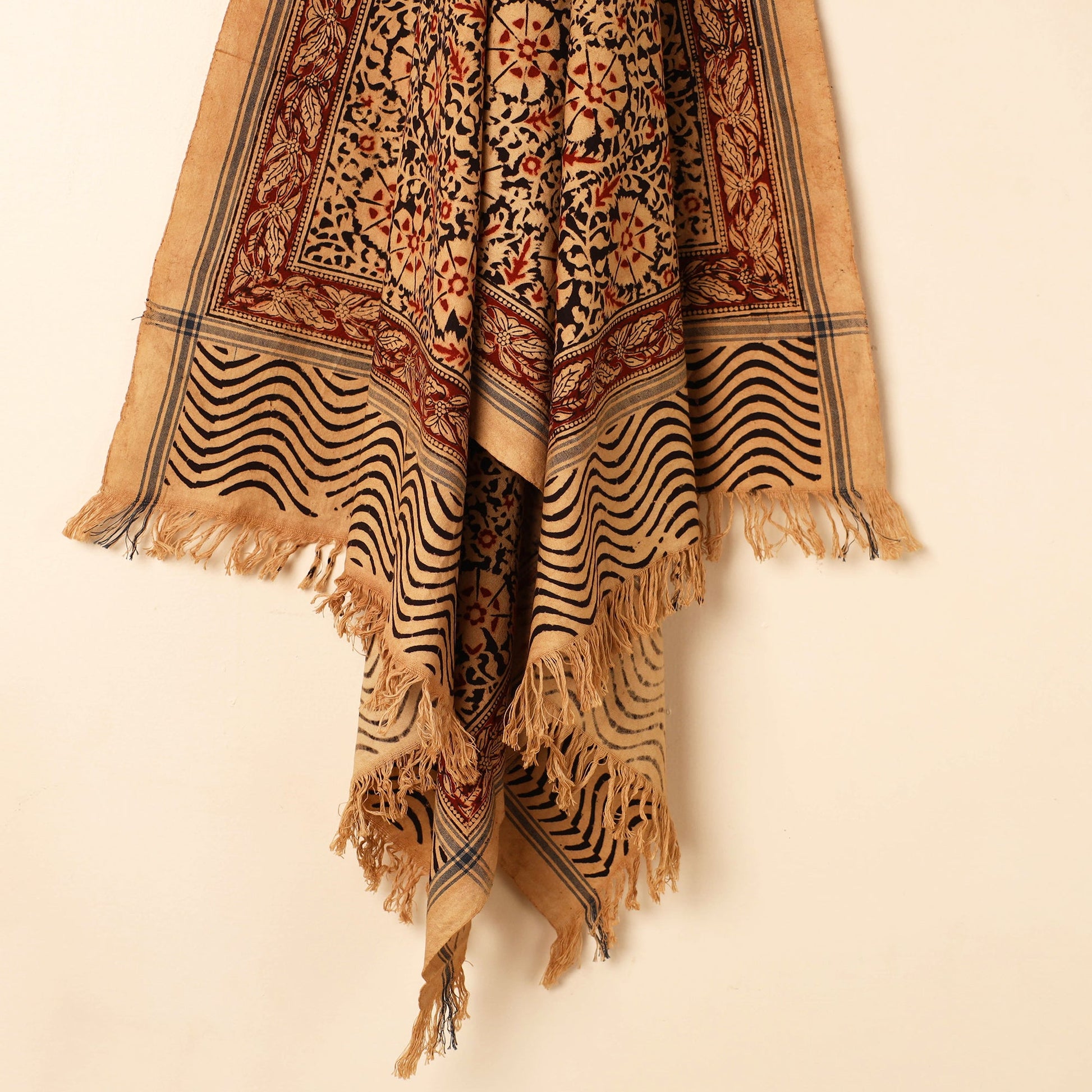 Beige - Handloom Cotton Block Printed Pedana Kalamkari Towel 17