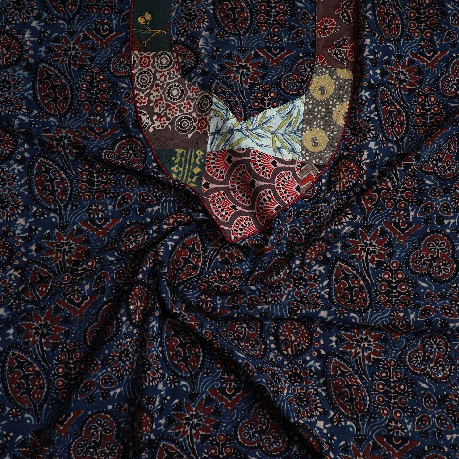 Blue - Ajrakh Print Cotton Kurta Material with Patchwork (3m) 12