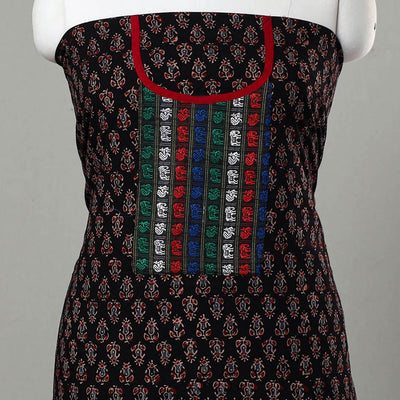 Black - Ajrakh Print Cotton Kurta Material with Patchwork (3m) 20