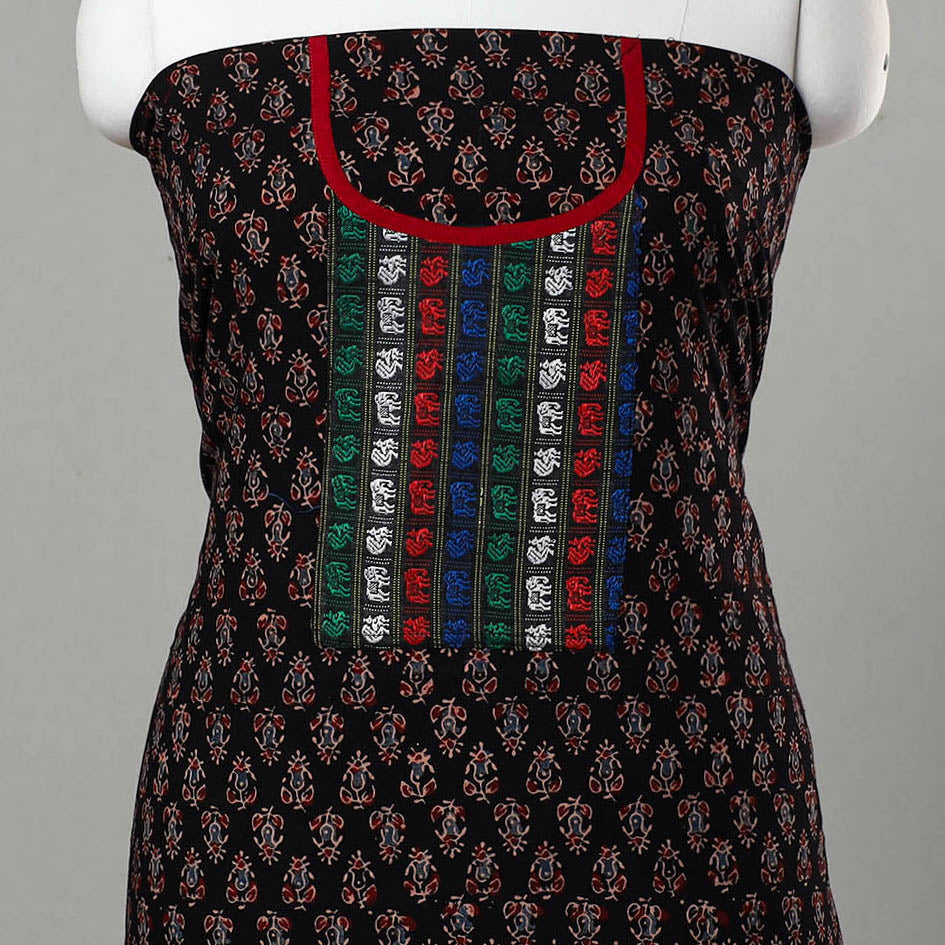 Black - Ajrakh Print Cotton Kurta Material with Patchwork (3m) 20