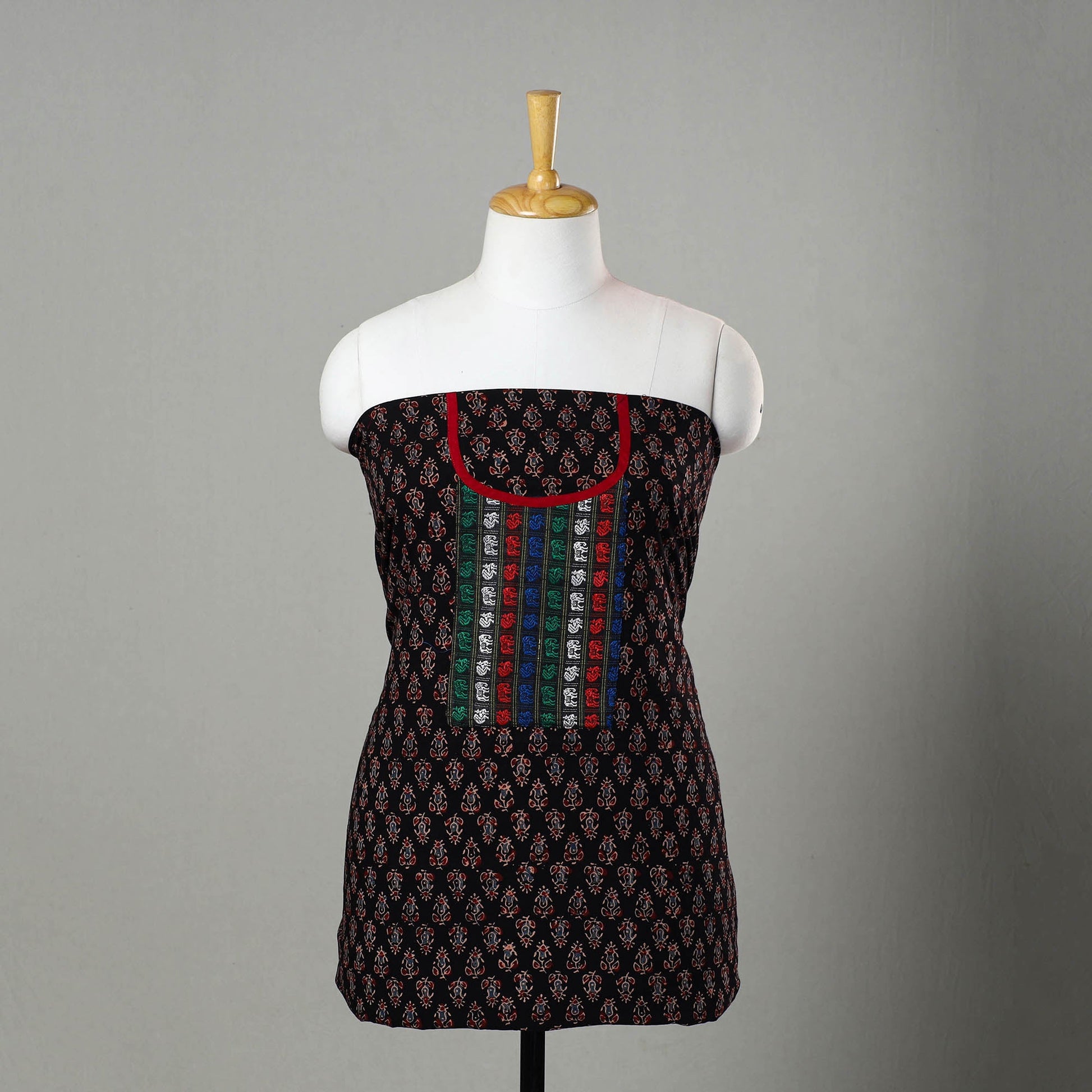 Black - Ajrakh Print Cotton Kurta Material with Patchwork (3m) 20