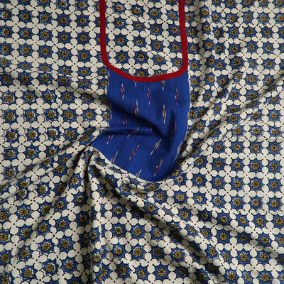 Blue - Ajrakh Print Cotton Kurta Material with Patchwork (3m) 13