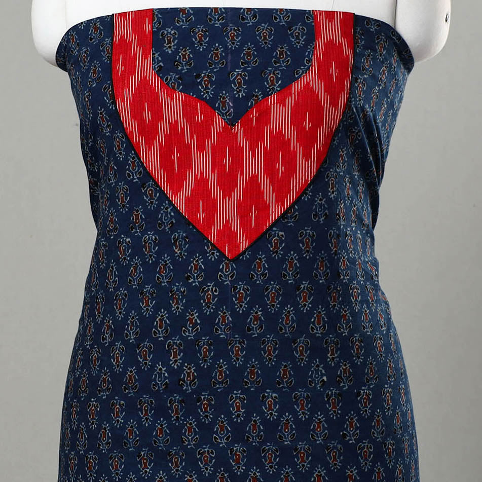Blue - Ajrakh Print Cotton Kurta Material with Patchwork (3m) 21