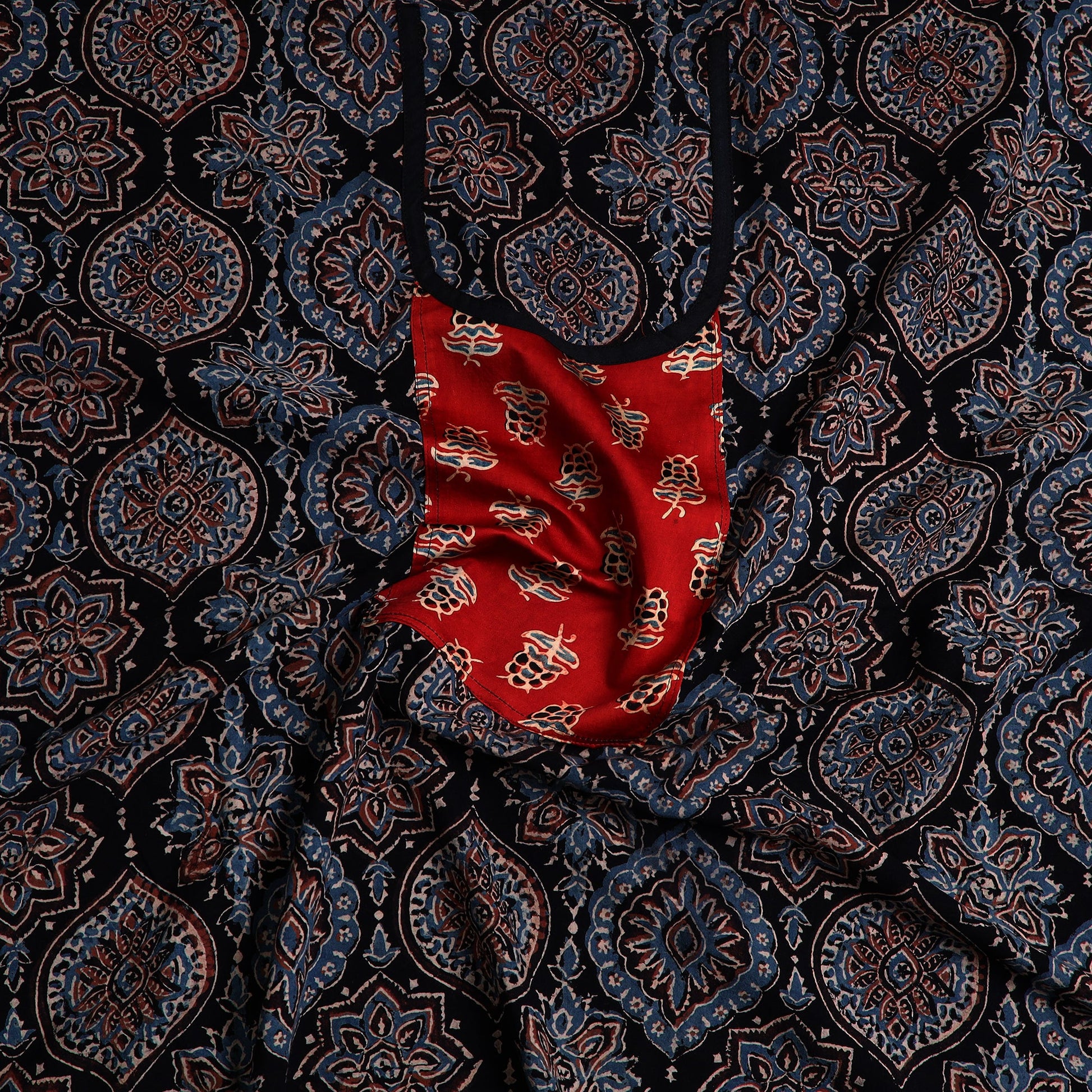 Black - Ajrakh Print Cotton Kurta Material with Patchwork (3m) 15