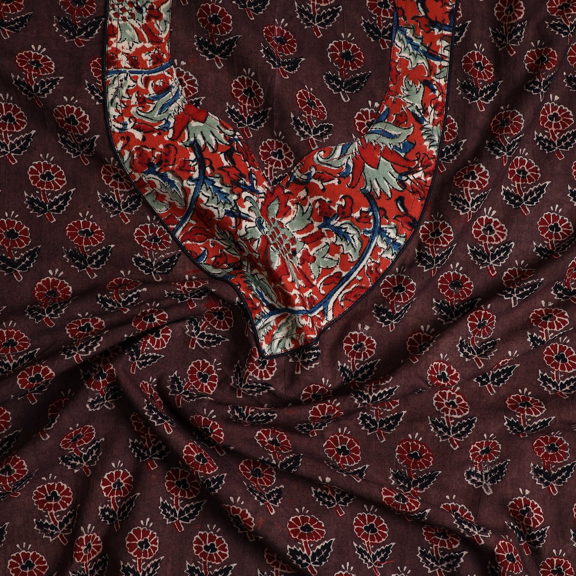 Brown - Ajrakh Print Cotton Kurta Material with Patchwork (3m) 17