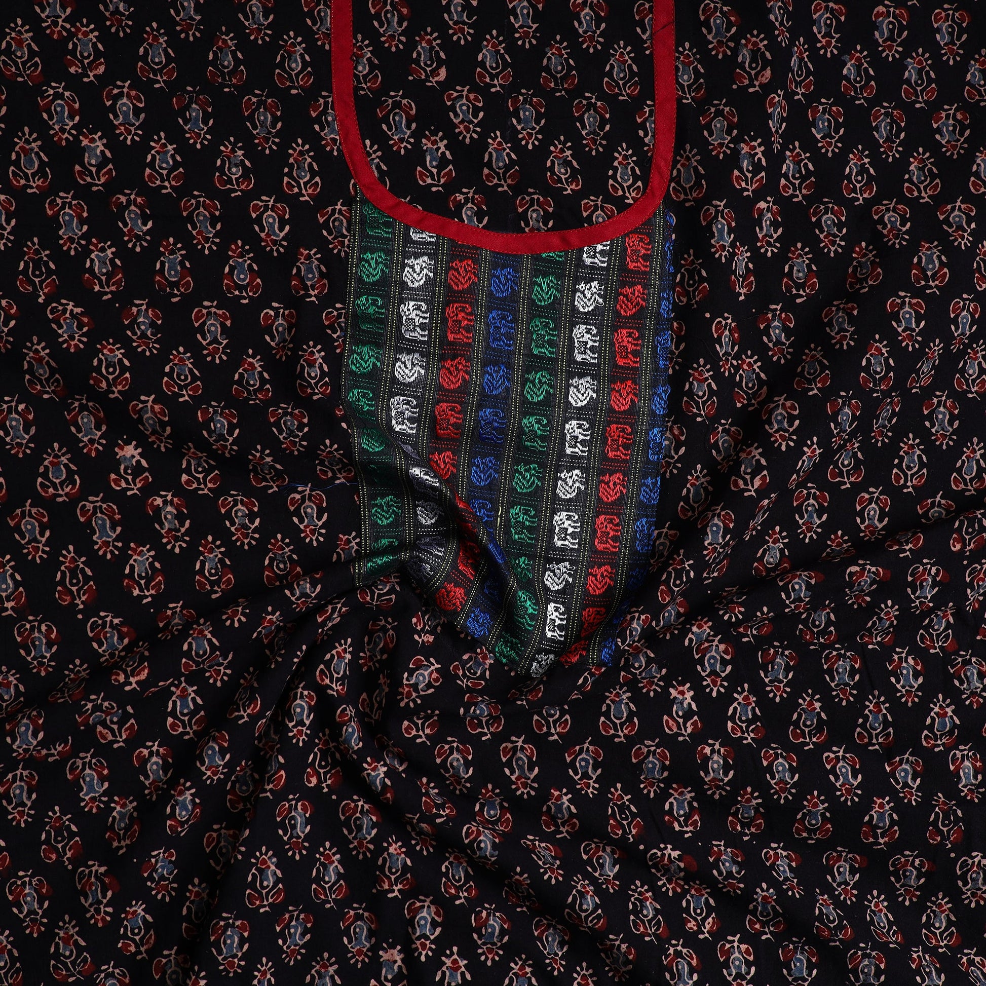 Black - Ajrakh Print Cotton Kurta Material with Patchwork (3m) 20