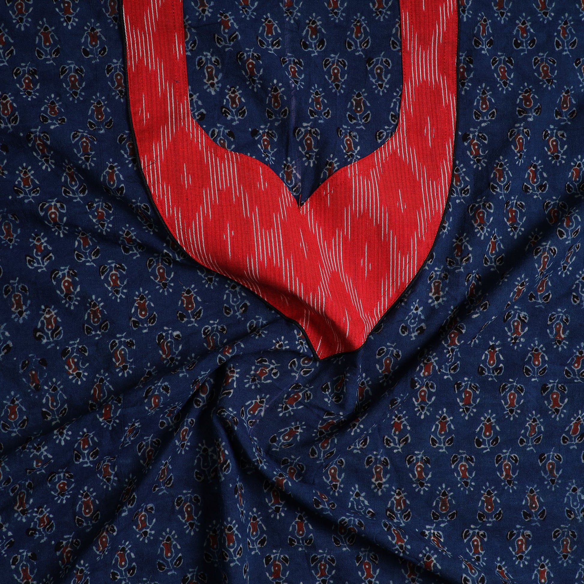 Blue - Ajrakh Print Cotton Kurta Material with Patchwork (3m) 21