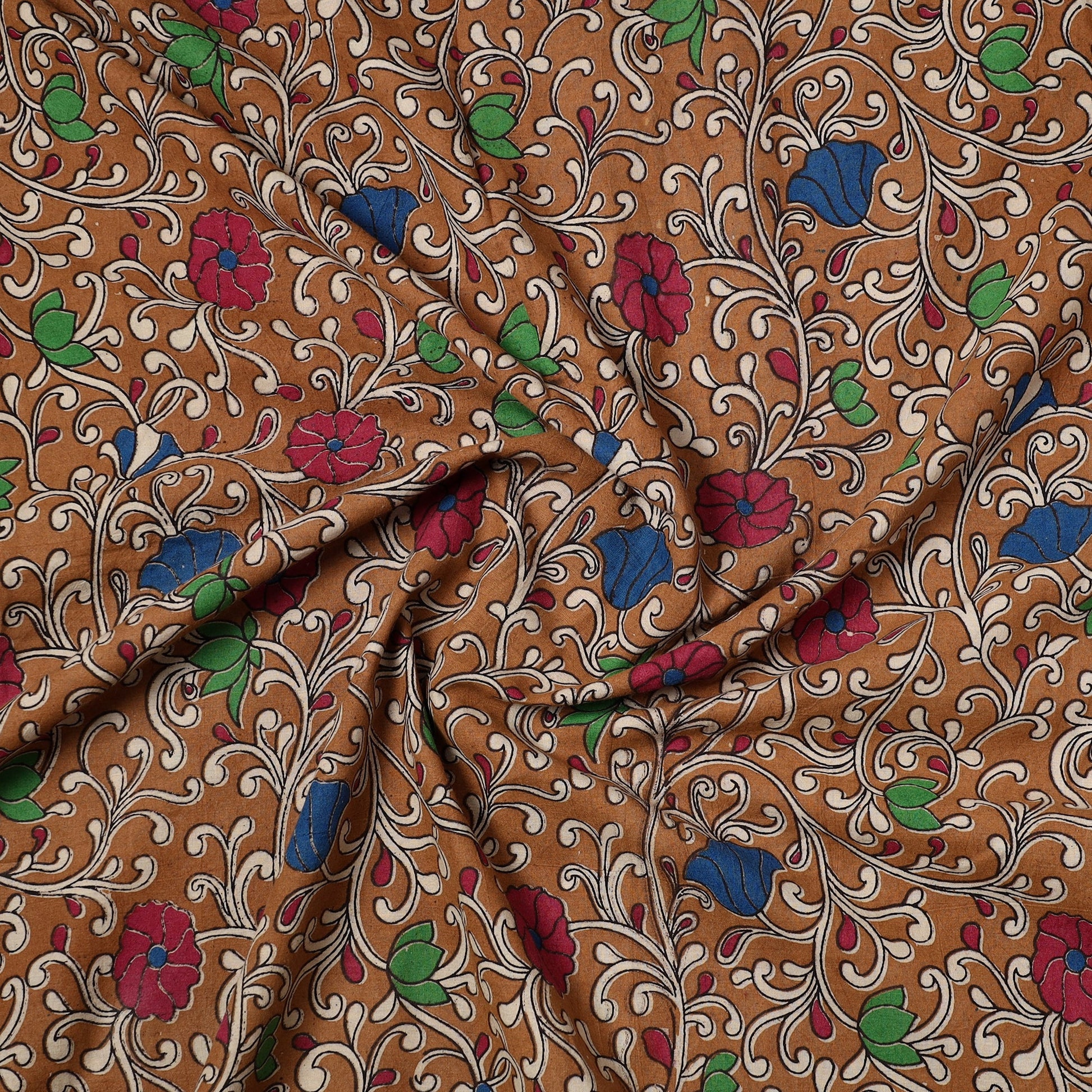 Brown - Kalamkari Printed Cotton Precut Fabric (2.2 meter) 48
