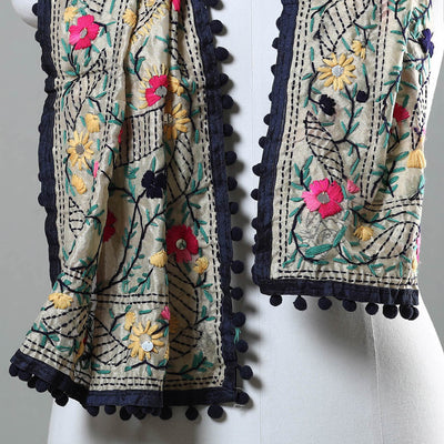 Black - Ranihati Chapa Work Phulkari Embroidery Chanderi Silk Stole with Pom Pom
