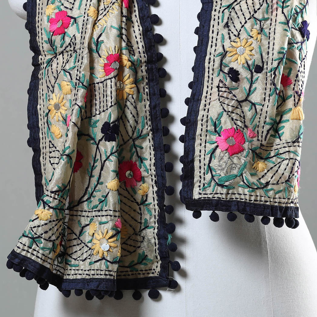 Black - Ranihati Chapa Work Phulkari Embroidery Chanderi Silk Stole with Pom Pom