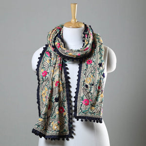 Black - Ranihati Chapa Work Phulkari Embroidery Chanderi Silk Stole with Pom Pom