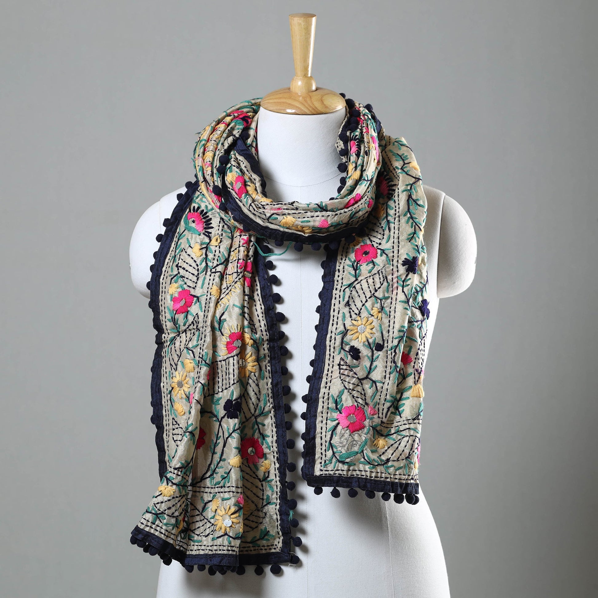 Black - Ranihati Chapa Work Phulkari Embroidery Chanderi Silk Stole with Pom Pom