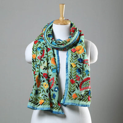 Green - Ranihati Chapa Work Phulkari Embroidery Georgette Stole