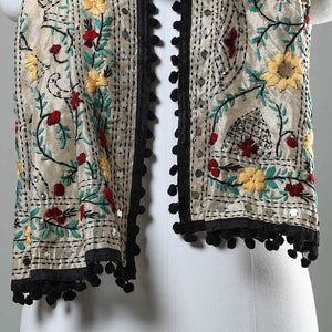 Black - Ranihati Chapa Work Phulkari Embroidery Chanderi Silk Stole with Pom Pom