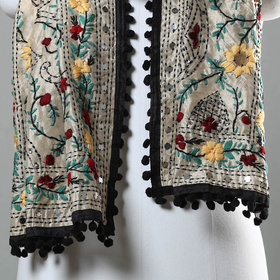 Black - Ranihati Chapa Work Phulkari Embroidery Chanderi Silk Stole with Pom Pom