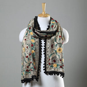 Black - Ranihati Chapa Work Phulkari Embroidery Chanderi Silk Stole with Pom Pom