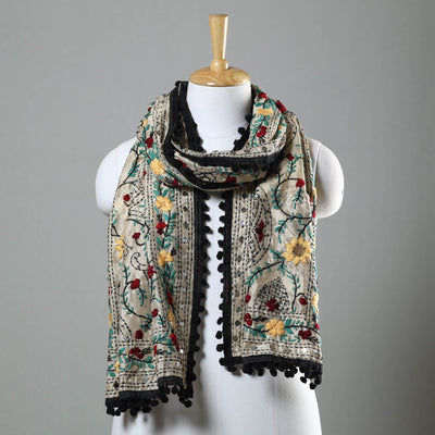 Black - Ranihati Chapa Work Phulkari Embroidery Chanderi Silk Stole with Pom Pom