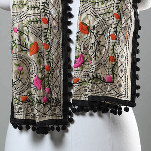 Black - Ranihati Chapa Work Phulkari Embroidery Chanderi Silk Stole with Pom Pom