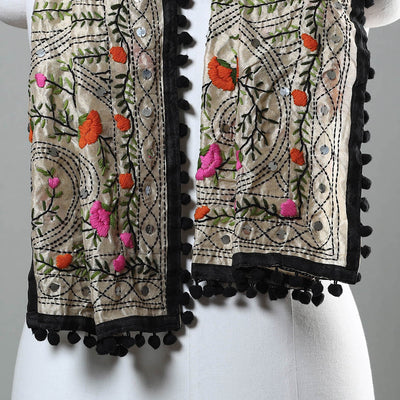 Black - Ranihati Chapa Work Phulkari Embroidery Chanderi Silk Stole with Pom Pom