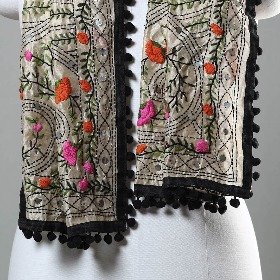 Black - Ranihati Chapa Work Phulkari Embroidery Chanderi Silk Stole with Pom Pom